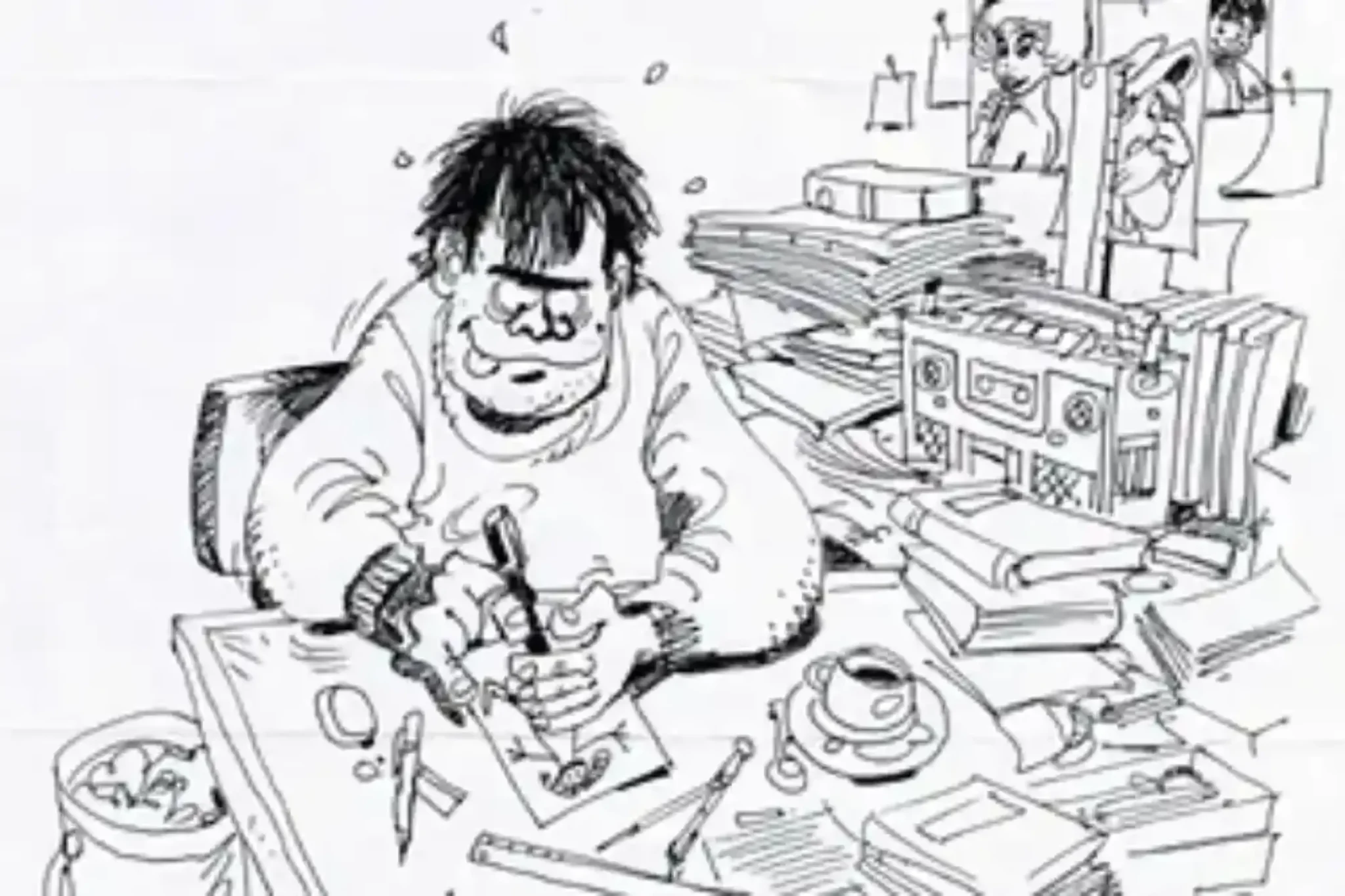 Caricature d’un dessinateur à sa table de travail