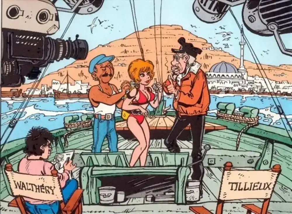 Natacha et Walter filmés par les caricatures de Walthéry et Tillieux