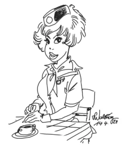 Dessin de Natacha attablée devant une tasse