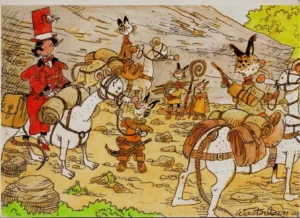 Illustration de personnages de Marc Wasterlain dans un paysage rocheux